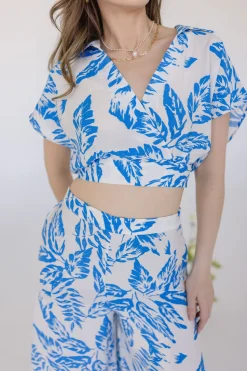 Wendy Short Sleeve Crop Top And Leaf Print Wide Leg Pants Set Blue