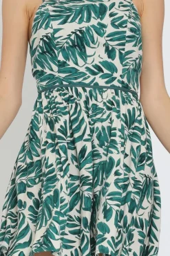 Whitley Sleeveless Cross Back Leaf Print Romper Green