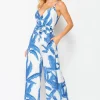 Willa Sleeveless Waist Tie Tropical Print Wide Leg Jumpsuit Blue