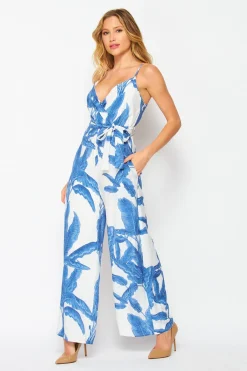 Willa Sleeveless Waist Tie Tropical Print Wide Leg Jumpsuit Blue