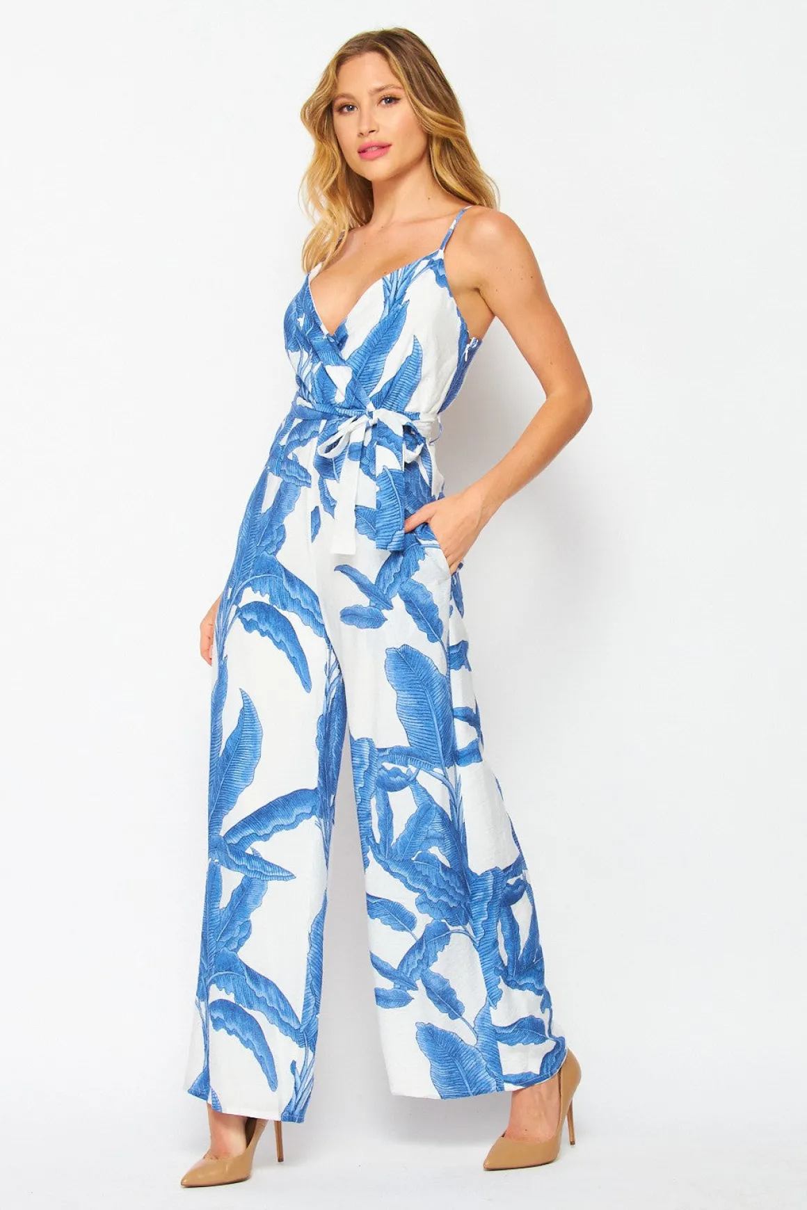 Willa Sleeveless Waist Tie Tropical Print Wide Leg Jumpsuit Blue