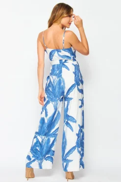 Willa Sleeveless Waist Tie Tropical Print Wide Leg Jumpsuit Blue