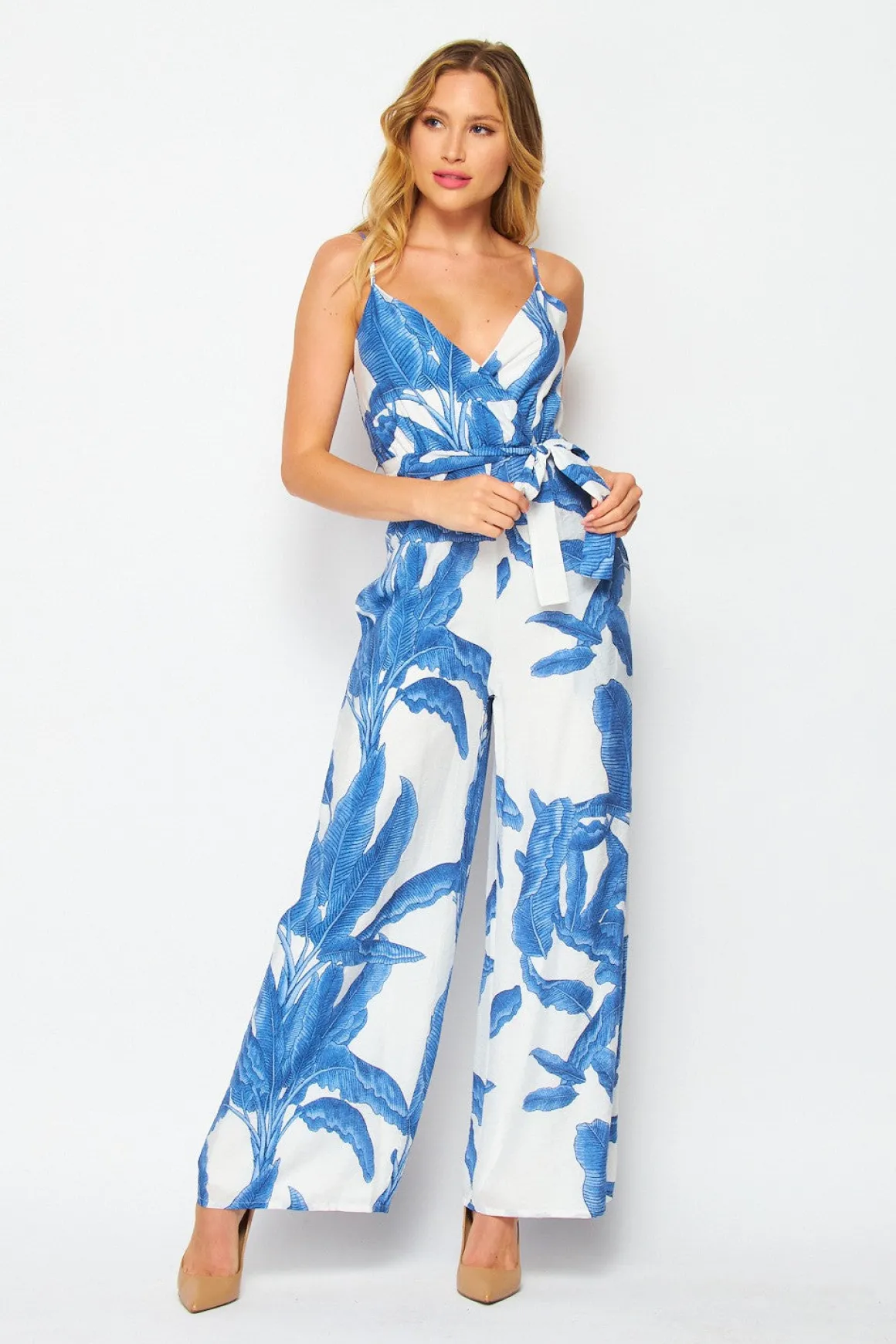 Willa Sleeveless Waist Tie Tropical Print Wide Leg Jumpsuit Blue