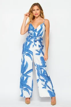 Willa Sleeveless Waist Tie Tropical Print Wide Leg Jumpsuit Blue