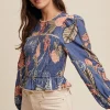 Willow Long Sleeve Floral Print Smocked Top Blue