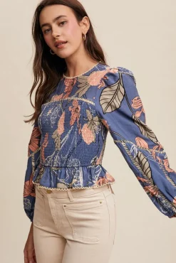 Willow Long Sleeve Floral Print Smocked Top Blue