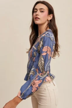 Willow Long Sleeve Floral Print Smocked Top Blue