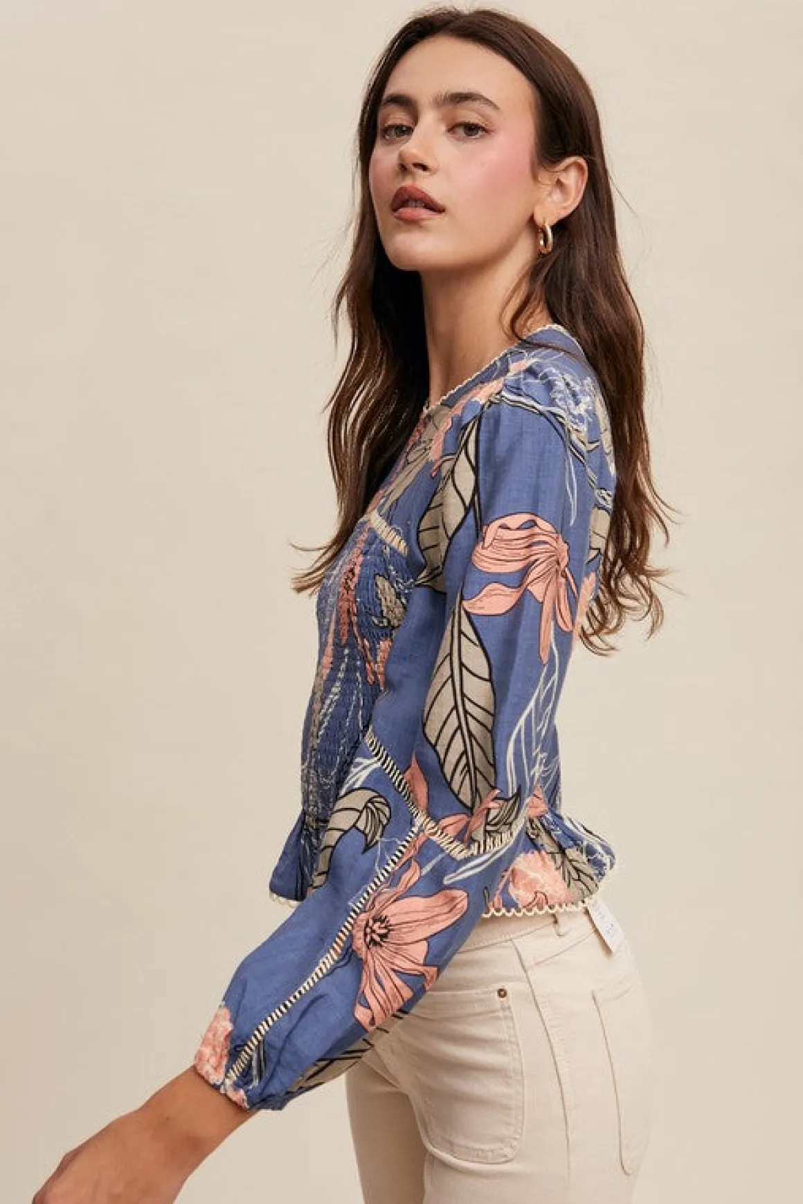 Willow Long Sleeve Floral Print Smocked Top Blue