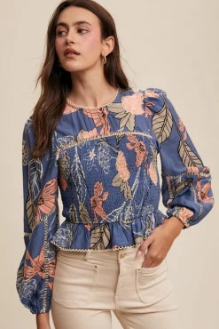 Willow Long Sleeve Floral Print Smocked Top Blue