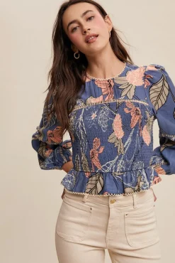 Willow Long Sleeve Floral Print Smocked Top Blue