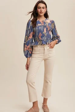 Willow Long Sleeve Floral Print Smocked Top Blue