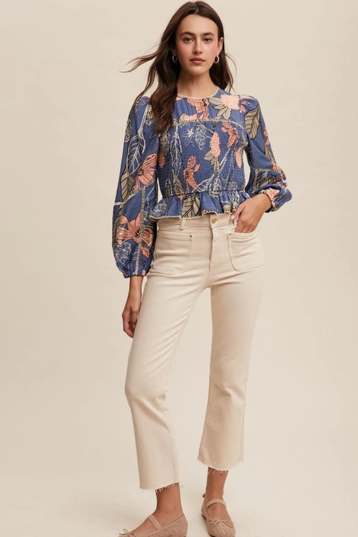 Willow Long Sleeve Floral Print Smocked Top Blue