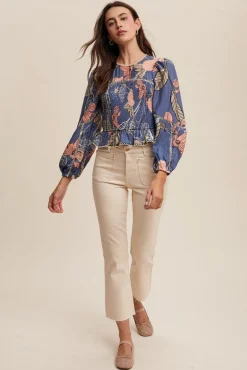 Willow Long Sleeve Floral Print Smocked Top Blue
